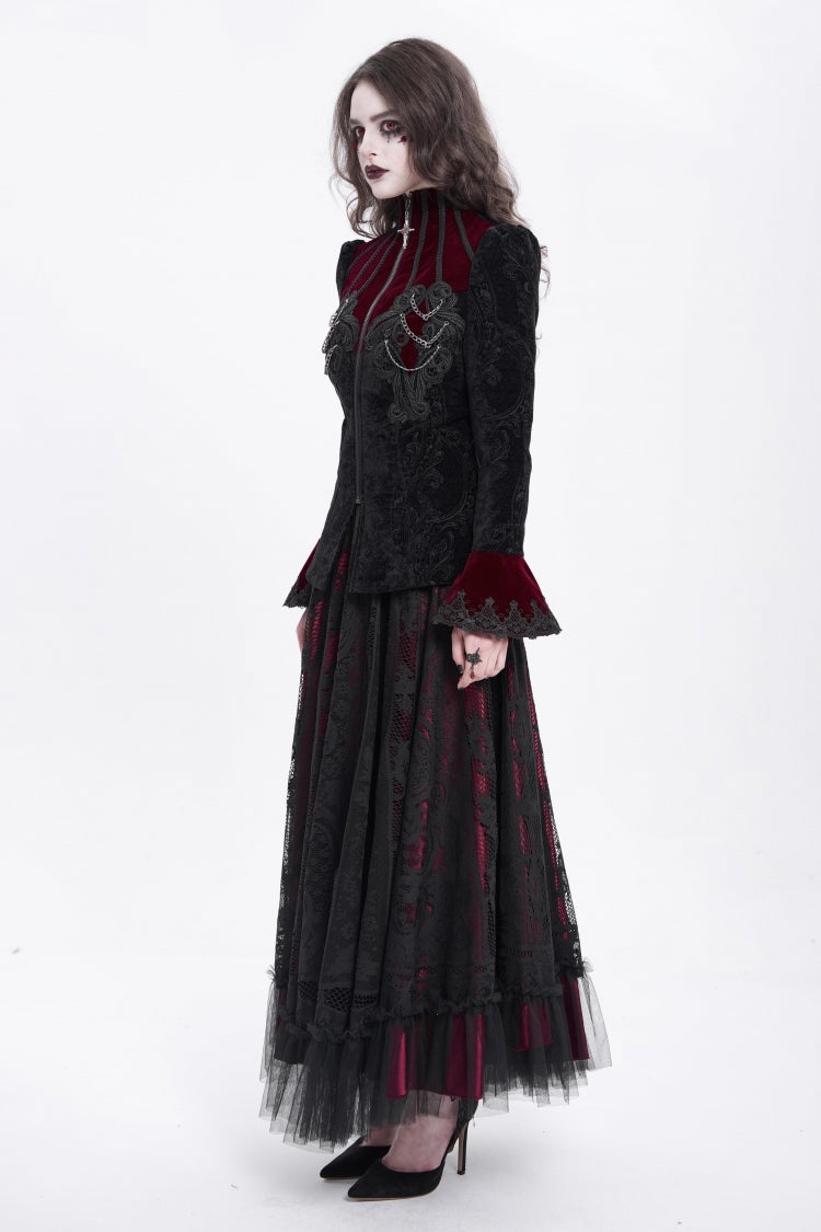 Black/Red Stand Collar Long Trumpet Sleeves Embroidery Women's Gothic Jacket - Product - 6
