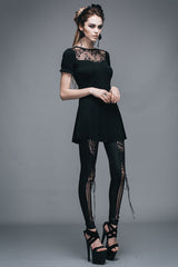 Black Patterned Lace Neck Short Sleeves Womens Mid-Length Gothic T-Shirt - Product - 8