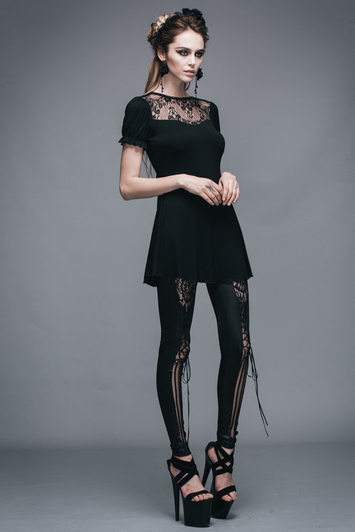 Black Patterned Lace Neck Short Sleeves Womens Mid-Length Gothic T-Shirt - Product - 8