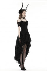 Black Boat Neck Off Shoulder Short Puff Sleeves Ruffled Lace Lace-Up Irregular Women's Gothic Dovetail Dress - Product - 2