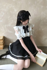 Black/White [Moonlit Poem] Stand Collar Off Shoulder Short Sleeves High Waisted Ruffled Bow Lace Sweet Princess Lolita Dress - Product - 7