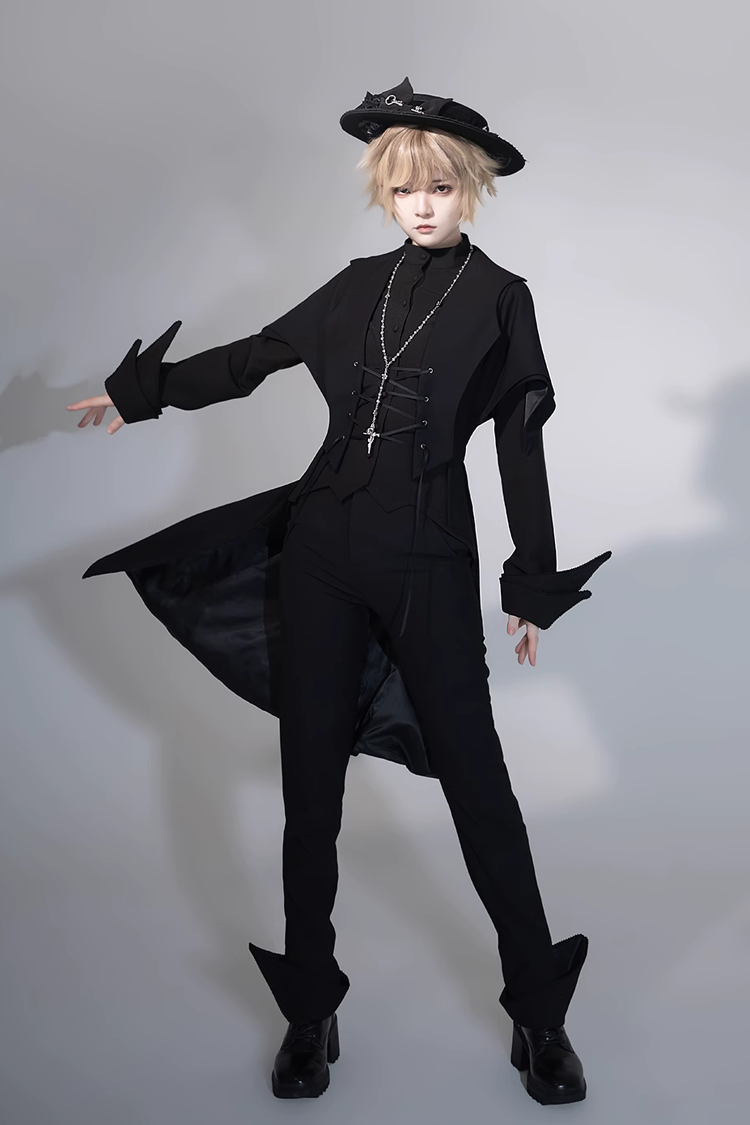 Black Vintage Medieval Prince Ouji Lolita Swallowtail Long Waistcoat Coat - Product - 5