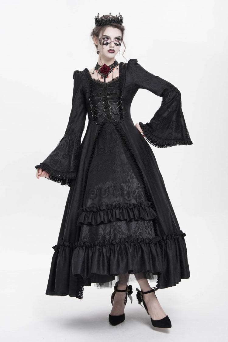 Black Long Sleeves Floral Embroidery Lace-Up Pleated Women's Gothic Dress - Product - 8