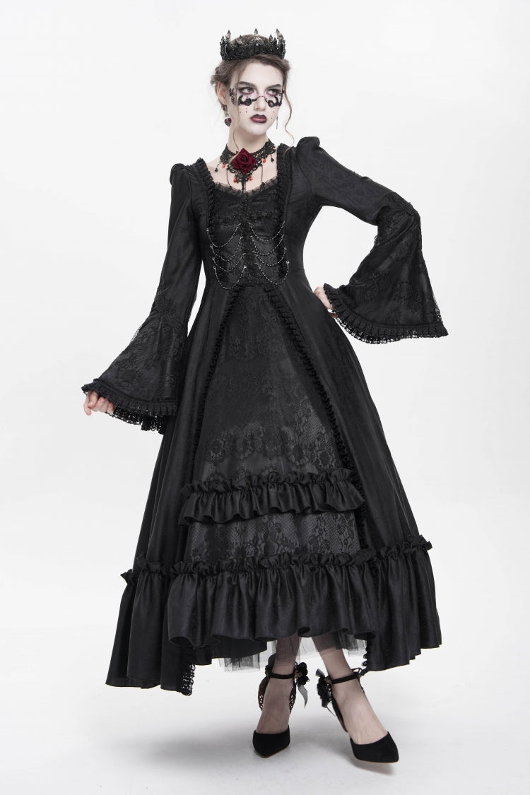 Black Long Sleeves Floral Embroidery Lace-Up Pleated Women's Gothic Dress - Product - 8