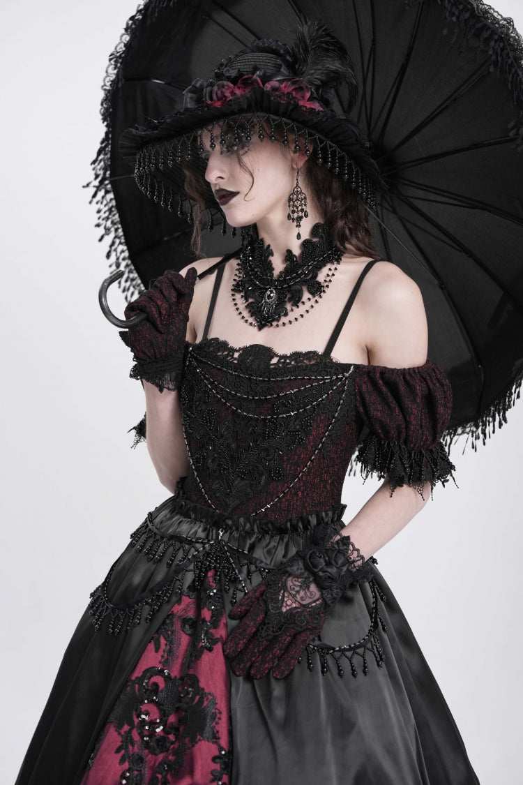 Black/Red Off Shoulder Embroidery Stitching Lace Women's Gothic Dress - Product - 12