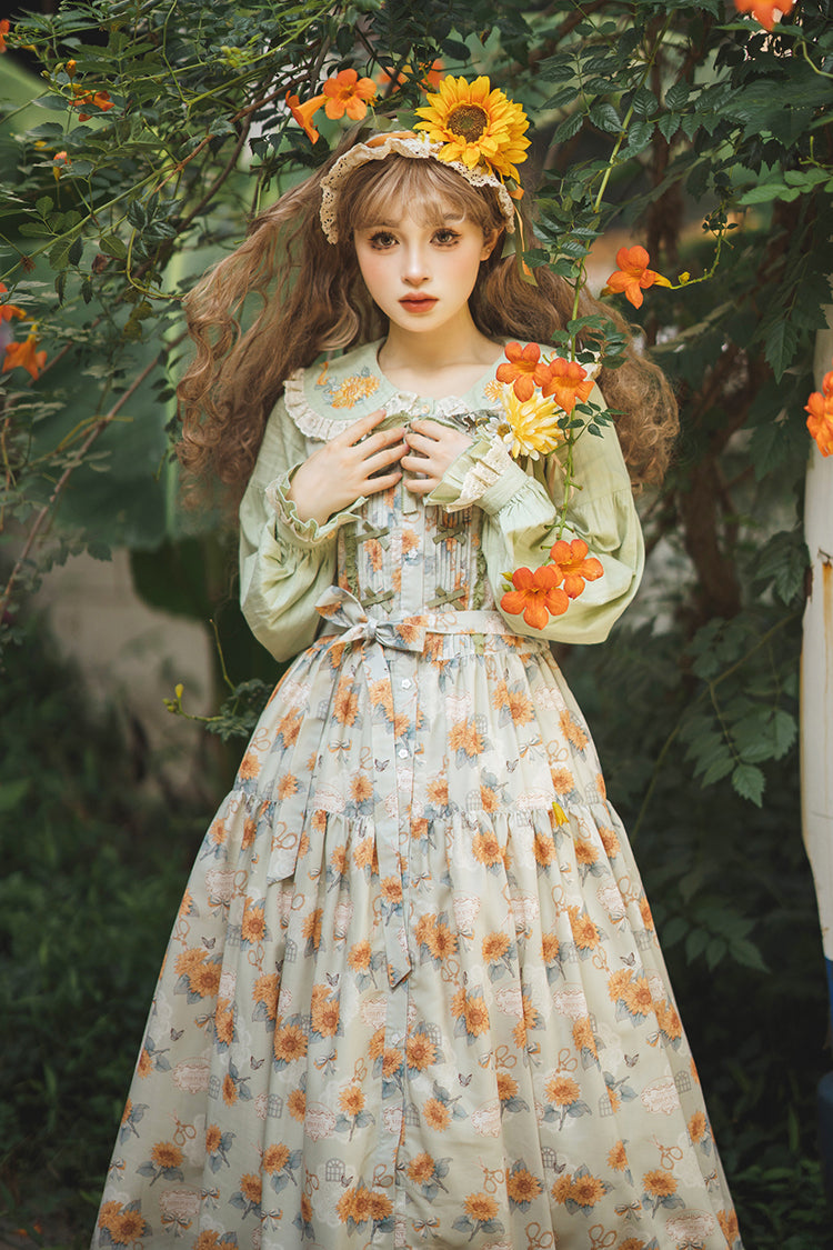 Green [Gardening Sunflower] Sleeveless Print Ruffle Bowknot Sweet Elegant Lolita Jsk Dress - Product - 19