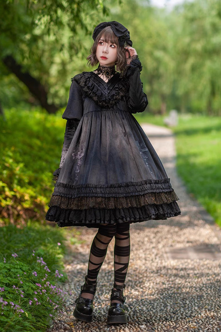 Holy Fruit Manor Embroidery Print Long Puff Sleeves Ruffle Gothic Lolita Dress 2 Colors - Black - 1