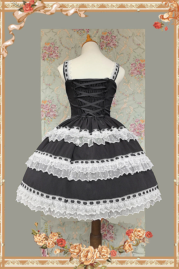 Black/White [Doll in the Mirror] Square Collar Sleeveless Ruffled Lace-Up Sweet Lolita Jsk Dress - Product - 3