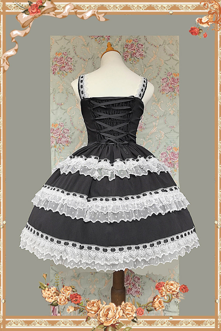 Black/White [Doll in the Mirror] Square Collar Sleeveless Ruffled Lace-Up Sweet Lolita Jsk Dress - Product - 3