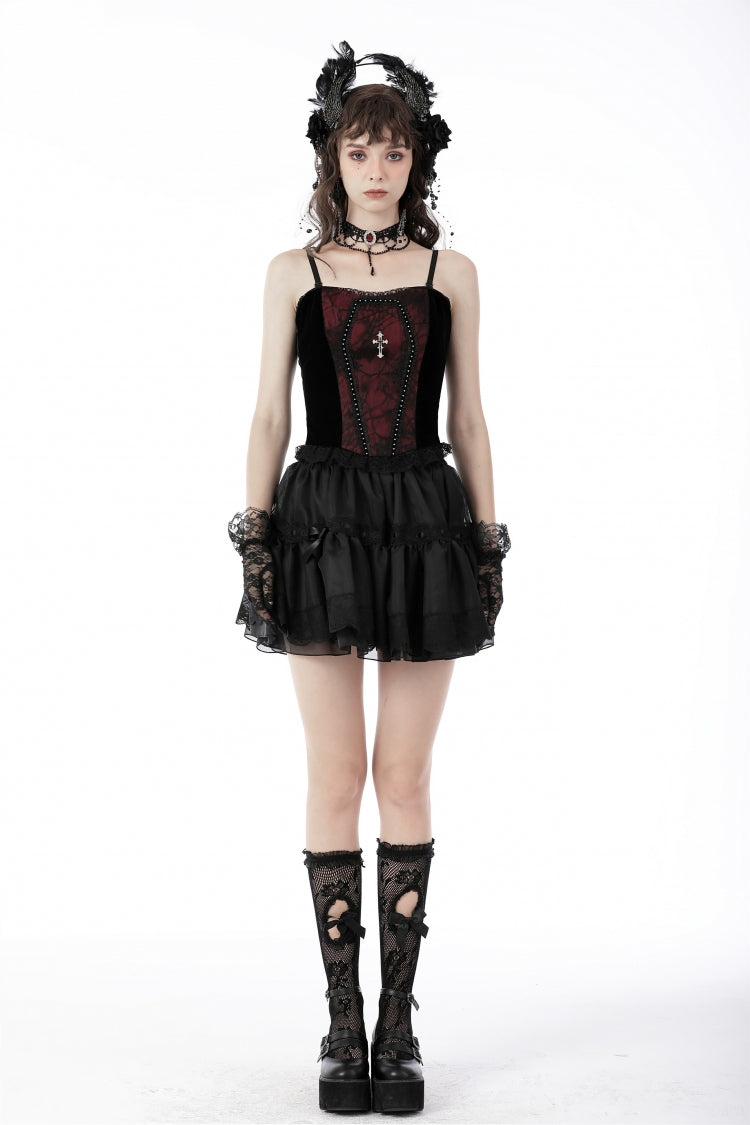 Dark Red Cross Shoulder Straps Jacquard Lace-Up Women's Gothic Overbust Corset - Product - 8