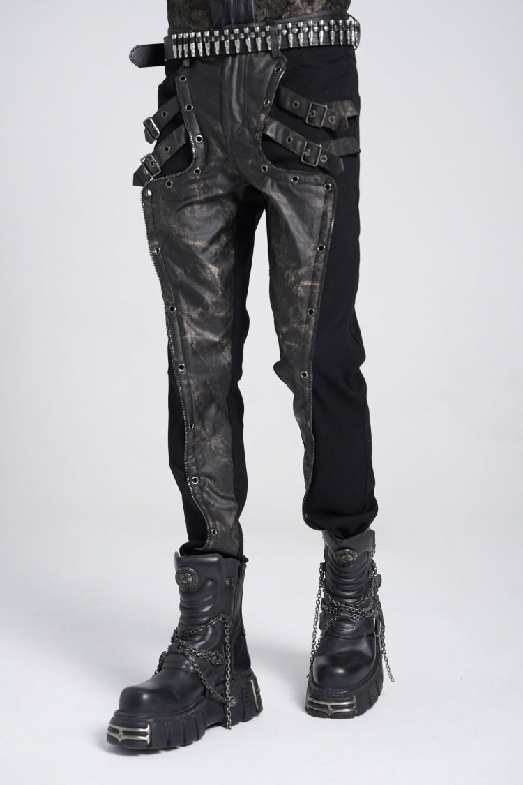 Black/Grey Faux Leather Stitching Buckle Men's Punk Pants - Product - 11