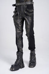 Black/Grey Faux Leather Stitching Buckle Men's Punk Pants - Product - 11