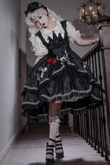 Black [Night Rose] Ruffle Bowknot Lace-Up Short Front and Long Back Gothic Gorgeous Lolita Jsk Dress - Product - 3
