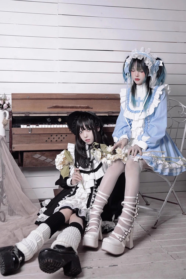 White/Blue Long Sleeves Multi-layer Cross Print Nun Style Ruffle Sweet Lolita Dress - Product - 6