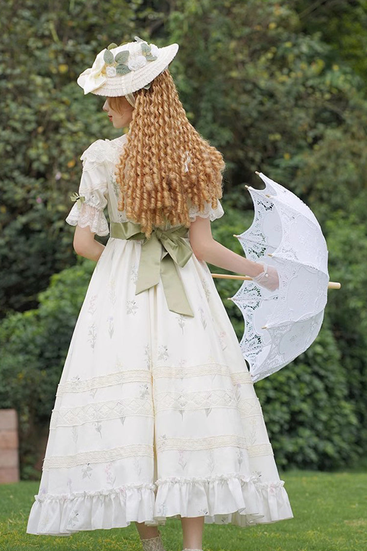 White/Green Letters and Poems to Austen Short Sleeves Print Hollow Lace Sweet Elegant Lolita Dress - Product - 10