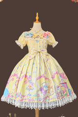[Macaron Dolly House] Doll Collar Short Sleeves Print Bowknot Sweet Lolita Dress 3 Colors - Yellow - 12