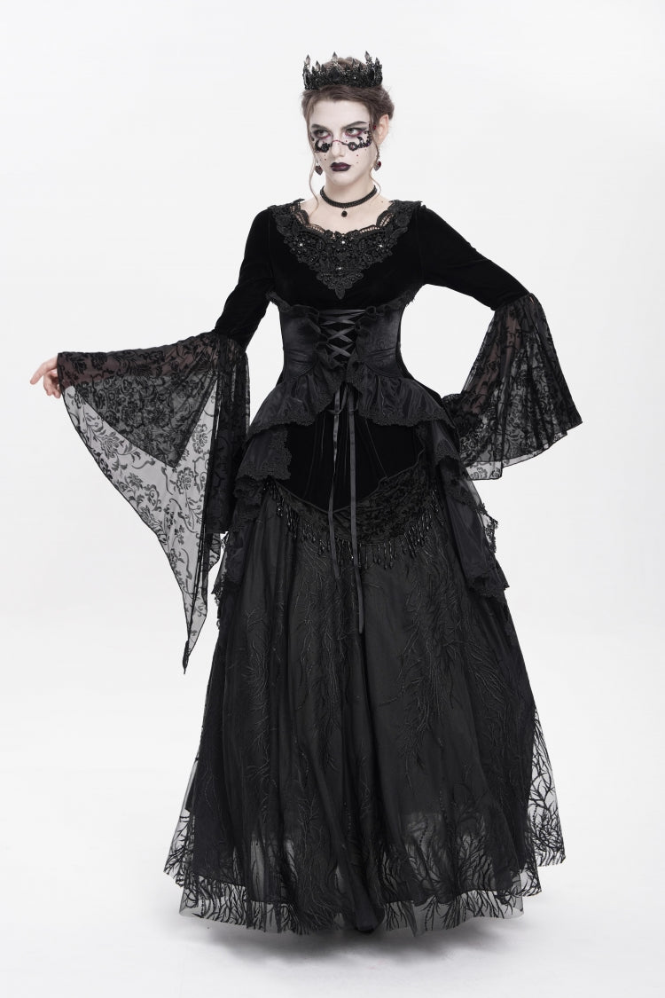 Black Long Sleeves Lace-Up Beaded Pleated Women's Gothic Blouse - Product - 7