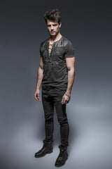 Black Lace-Up Zipper Men's Punk Blouse with Straps - Product - 2