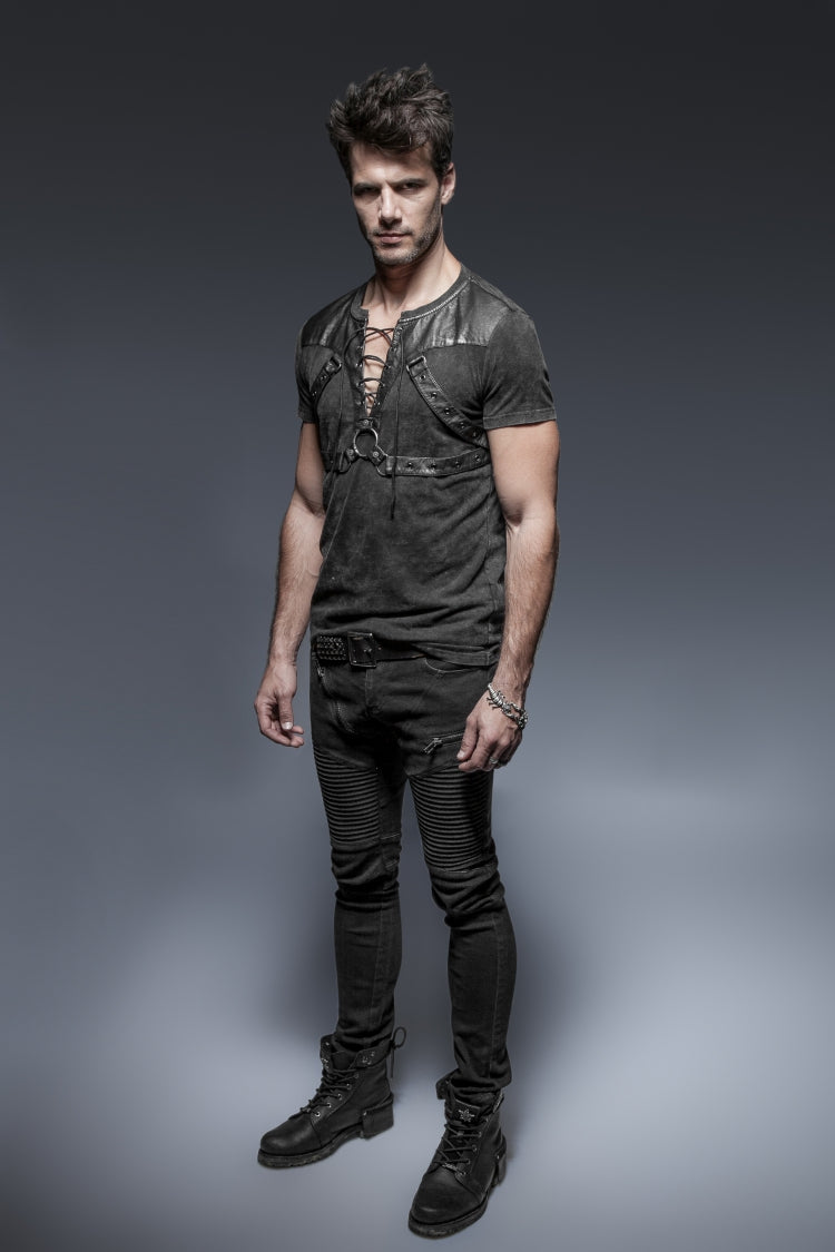 Black Lace-Up Zipper Men's Punk Blouse with Straps - Product - 2