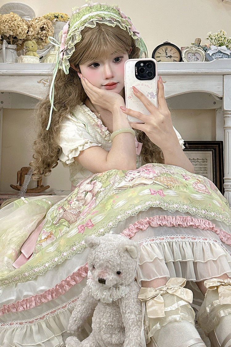 Pink/Green [Bamboo Rabbit] Peter Pan Collar Short Sleeves Printed Ruffled Embroidered Bow Sweet Lolita Dress - Product - 14