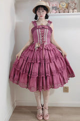 Berry Purple [Forest Waltz] Embroidery Bowknot Lace-Up Slim Sweet Elegant Lolita Suspender Top - Product - 4