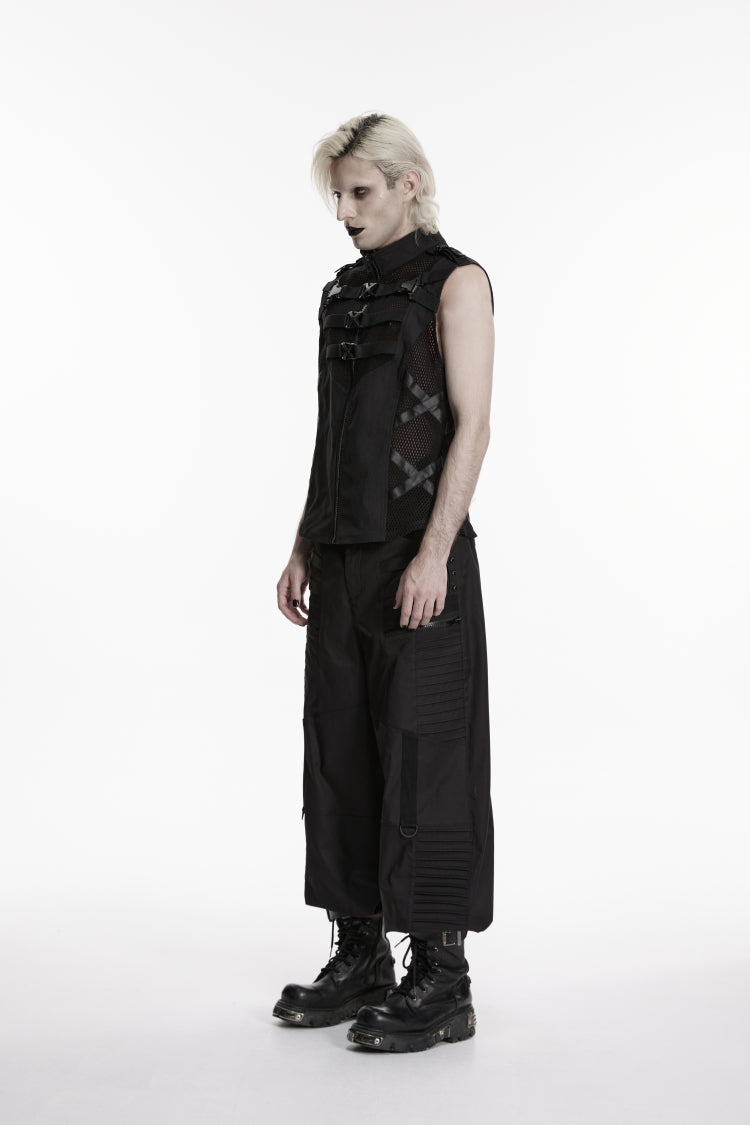 Black Stand Collar Sleeveless Cut-Out Spliced Mesh Buckled Eyelet Men's Punk Handsome Vest - Product - 3