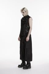 Black Stand Collar Sleeveless Cut-Out Spliced Mesh Buckled Eyelet Men's Punk Handsome Vest - Product - 3