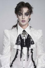 White Jacquard Lace Men's Gothic Royal Cross Beaded Neckwear - Product - 1