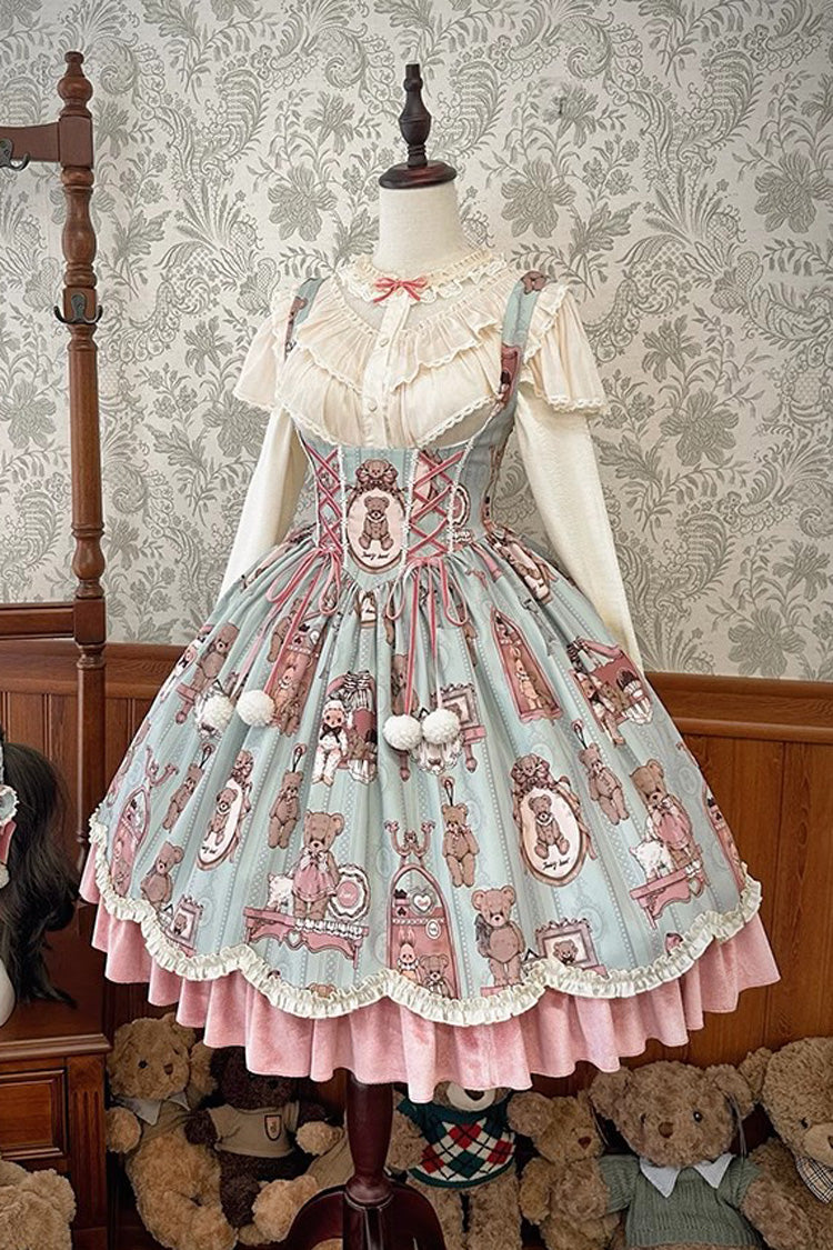 Pink/Green Bear Doll Wall Print Ruffle Embroidery Bowknot Sweet Corset Lolita Jsk Dress - Product - 4