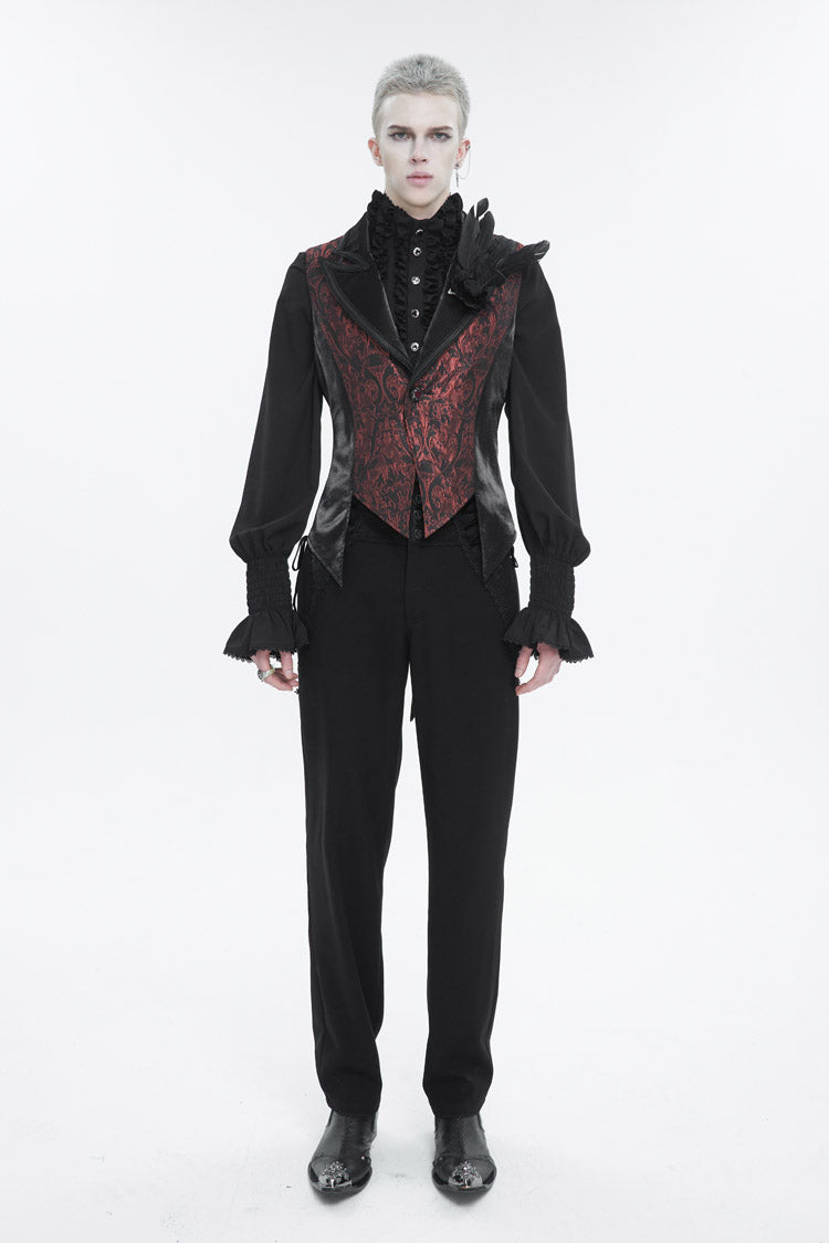 Black/Red Vintage Dark Pattern Men's Gothic Vest With Brooch - Product - 4