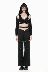 Black Women's Punk Big Pocket Cross Zippered Eyelet Cargo Pants - Product - 5