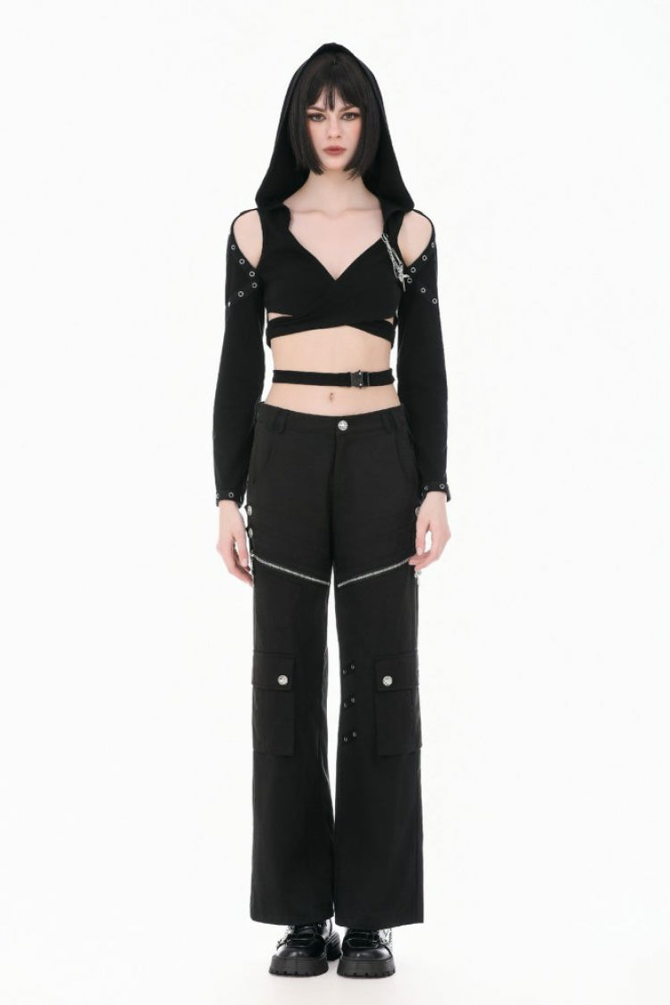Black Women's Punk Big Pocket Cross Zippered Eyelet Cargo Pants - Product - 5