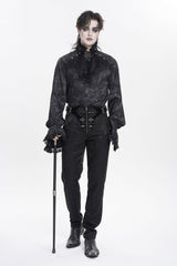 Black Stand Collar Long Trumpet Sleeves Printed Bow Lace Pearl-Decorated Men's Gothic Gorgeous Shirt - Product - 8