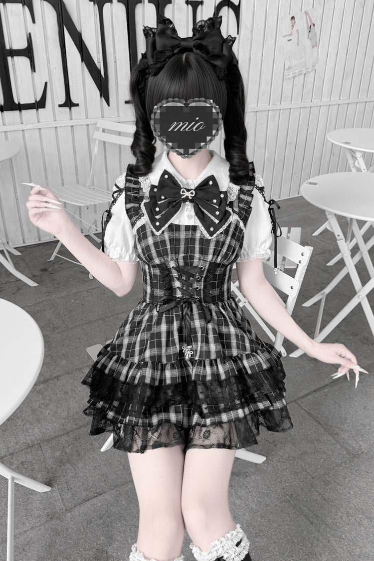 [Heart Key Treasure Box] Lapel Collar Short Sleeves Printed Ruffled Bow Lace-Up Japanese Jirai Kei Dress Shorts Set 3 Colors - Product - 2