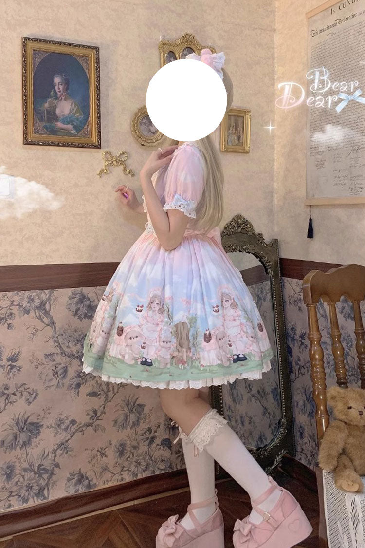 Multi-Color Neverland Manor Spring Bear Print Ruffle Bowknot Sweet Lolita Dress - Product - 4