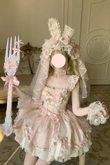 Pink [Sakura Bunny Ballad] Square Collar Flutter Sleeves Jacquard Ruffled Bow Lace Sweet Elegant Luxurious Short Lolita Jsk Dress - Product - 20