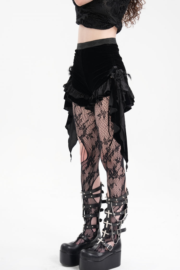 Black Plumed Ruffle Mesh Women's Gothic Shorts - Product - 7