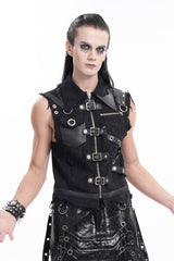 Black Lapel Collar Sleeveless Ripped Buckle Eyelets Men's Gothic Vest - Product - 7