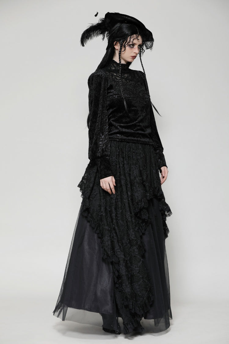 Black Ruffled Turtleneck Bishop Long Sleeves Floral Lace Patchwork Velvet Women's Gothic Blouse - Product - 2