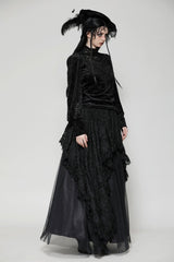 Black Ruffled Turtleneck Bishop Long Sleeves Floral Lace Patchwork Velvet Women's Gothic Blouse - Product - 2