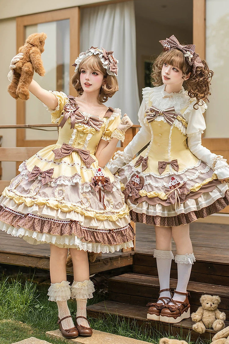 Yellow/Brown [Polka Dot Cake] Multi-Layered Printed Ruffled Bow Sweet Lolita OP Dress - Product - 6