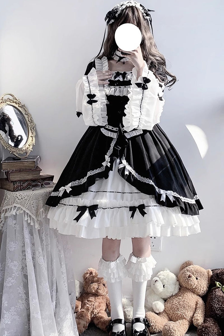 White/Black Hime Sleeves Multi-layer Ruffle Cardigan Bowknot Gothic Princess Lolita Dress - White/Black - 1