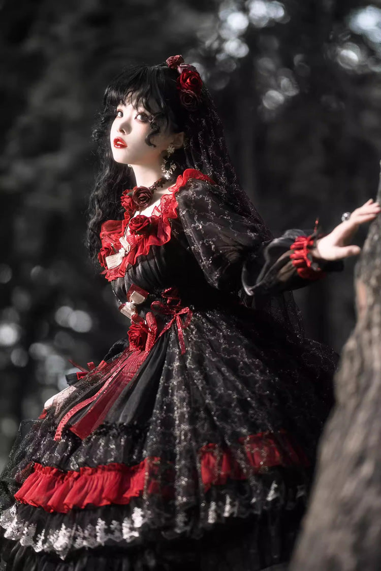 Black/Red [Perlia’s Night] Long Puff Sleeves Ruffled Open-Front Bow Lace Gothic Lolita Dress - Product - 5