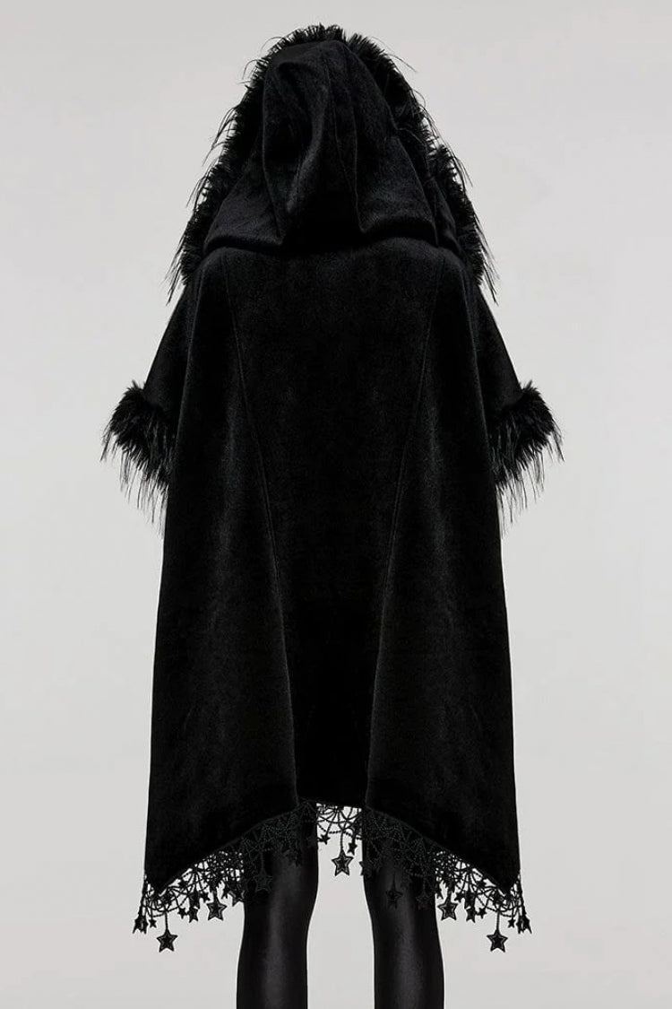 Black Bat Sleeves Tassel Faux Fur Stitching Lace Hooded Womens Gothic Elegant Cloak - Product - 3