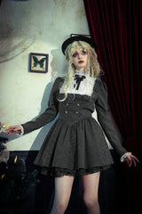 Black/White Striped Ruffled Lace Stand Collar Bow Long Sleeves Lace-Up Women's Gothic Lolita Graduation Dress - Product - 14