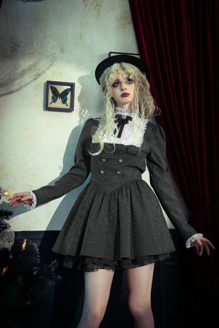Black/White Striped Ruffled Lace Stand Collar Bow Long Sleeves Lace-Up Women's Gothic Lolita Graduation Dress - Product - 14
