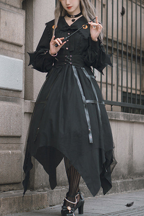 Black Lapel Collar Cat Eye Irregular Hem Gothic Lolita OP Dress - Black - 1