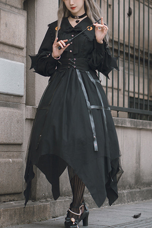 Black Lapel Collar Cat Eye Irregular Hem Gothic Lolita OP Dress - Black - 1