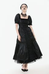 Black Lace Square Collar Short Puff Sleeves Lace-Up Ruched Women's Gothic Wedding Dress - Black - 1