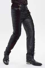 Black/Red Jacquard Spliced Lace-Up Slim Men's Gothic Velvet Palace Pants - Product - 9